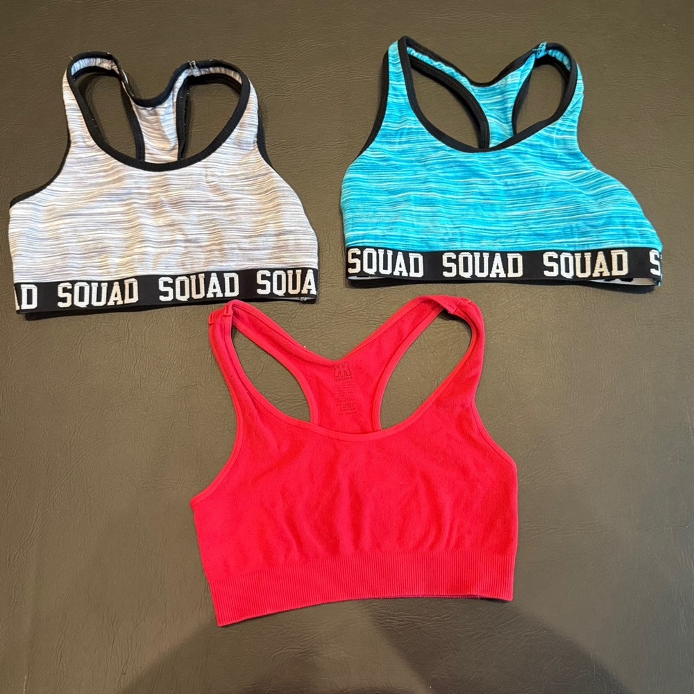 Set of Three Youth Small Sports Bras - Blue, Red, Gray